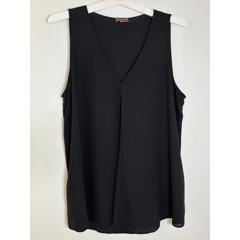 Vince Camuto Black V-Neck Pleat Front Sleeveless Blouse Top Large